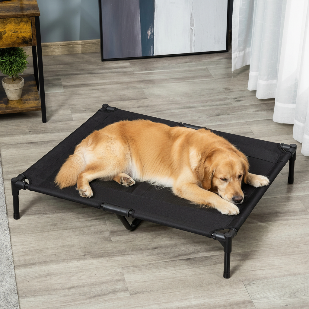 grand toutou adouci dans lit de camp pour chien en maille 