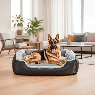 grand toutou dans panier orthopédique chien confortable