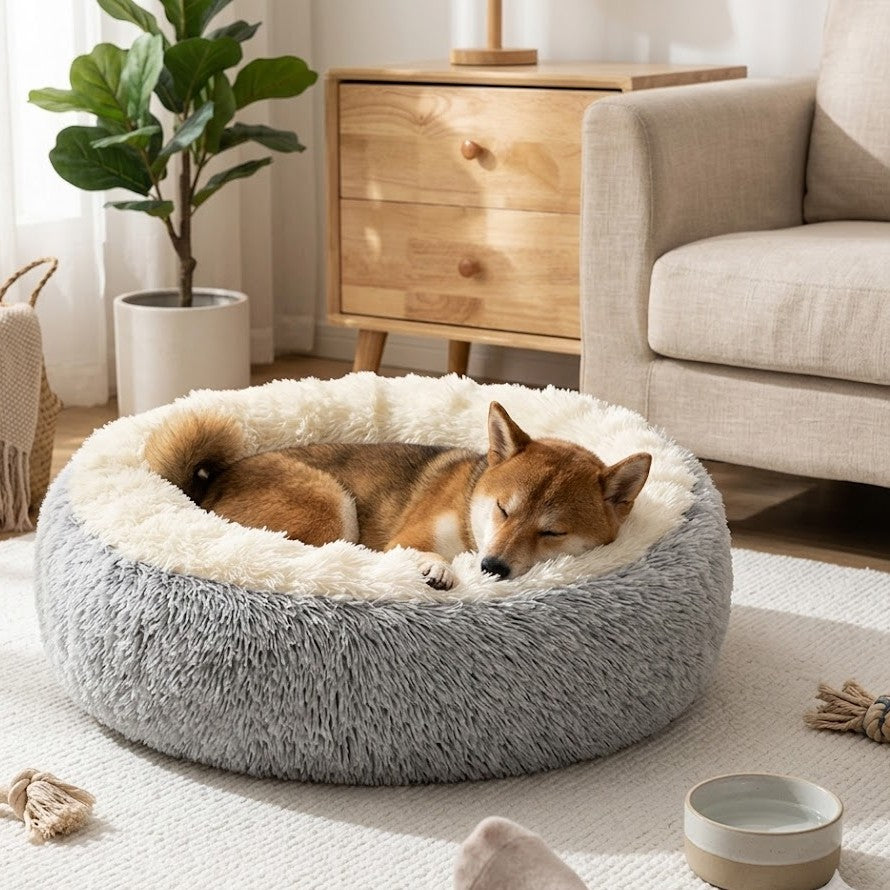grand toutou dort dans coussin chien en peluche