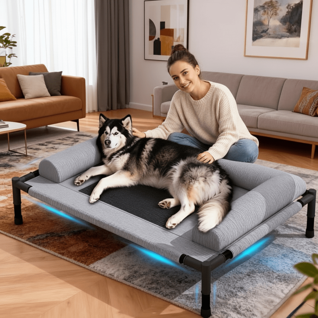 grand toutou sur lit surélevé pour grand chien