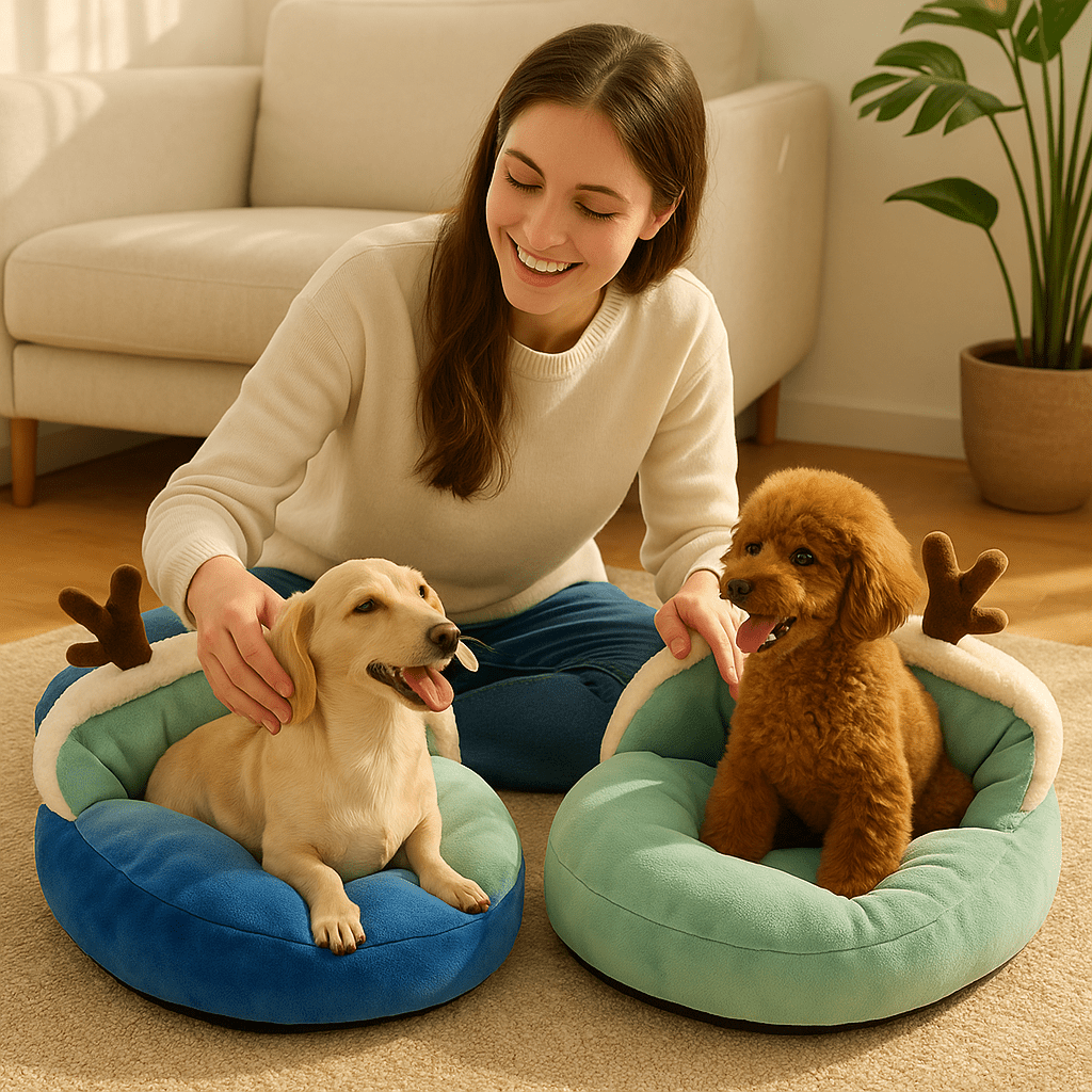 heureuse femme chiens dans lit pour chien pantoufle salon