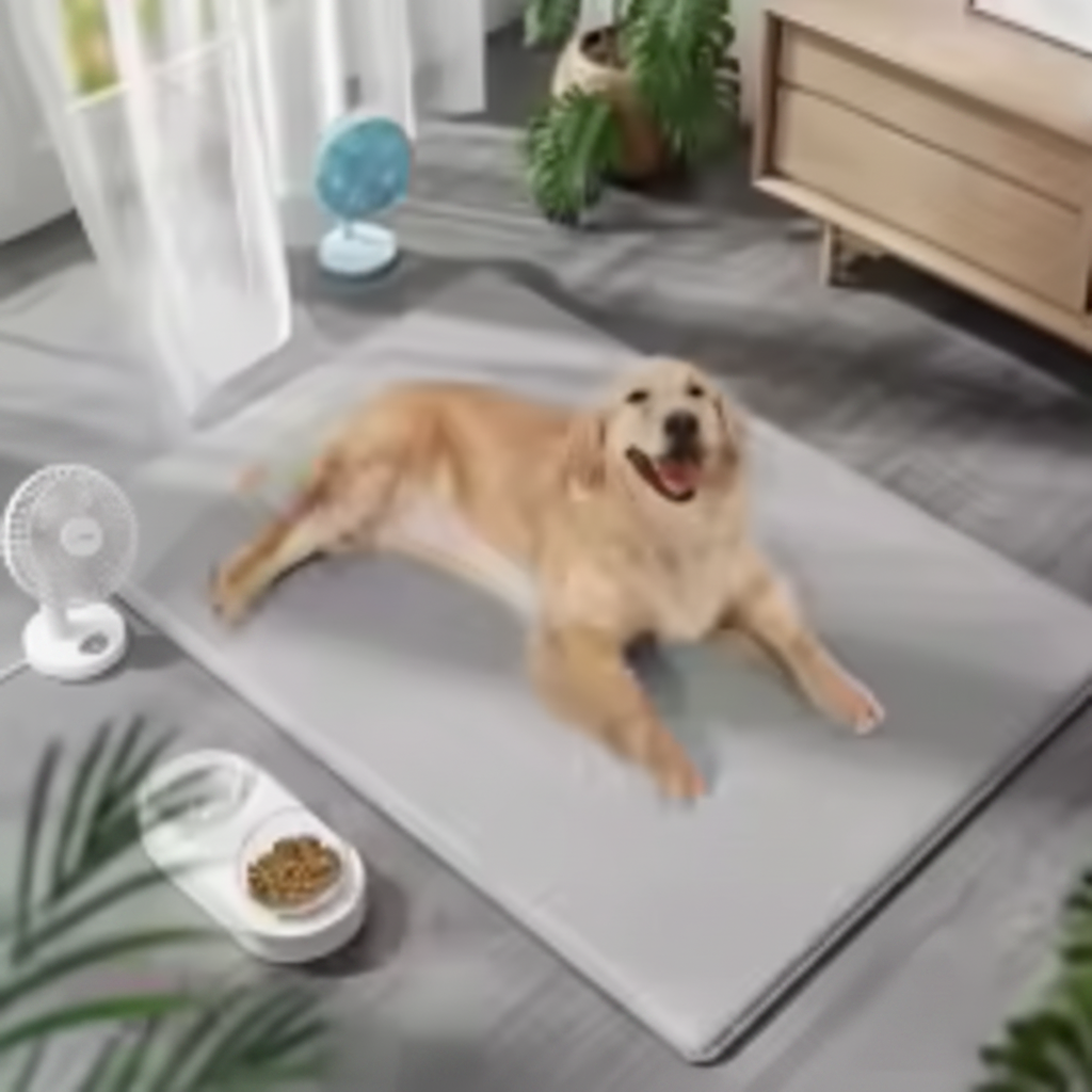 golden retriever allonge sur tapis rafraichissant chien gris dans salon moderne