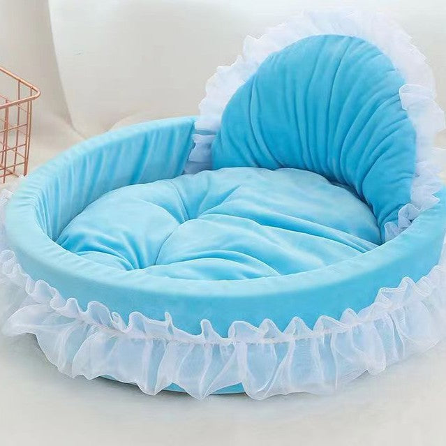 lit pour chien doux en dentelle lavable bleu