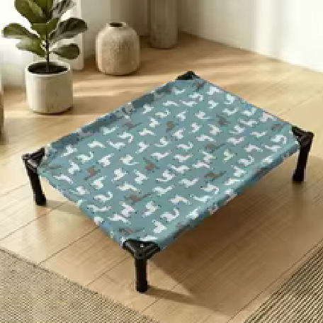 lit pour chien surélevé bleu avec motif