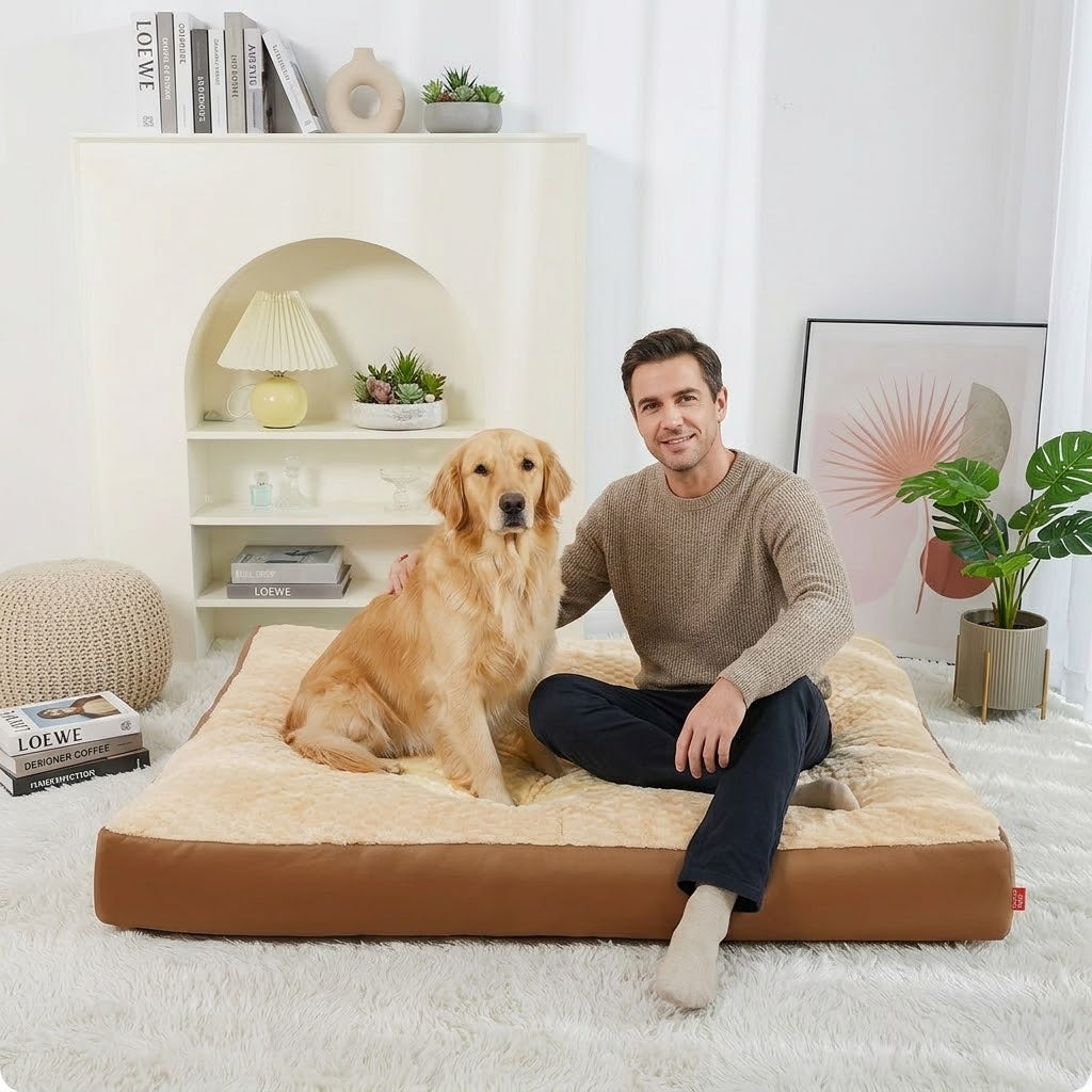 maitre et son toutou dans lit pour chien xxl