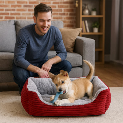 maitre heureux avec chien dans coussin chien douillet rouge