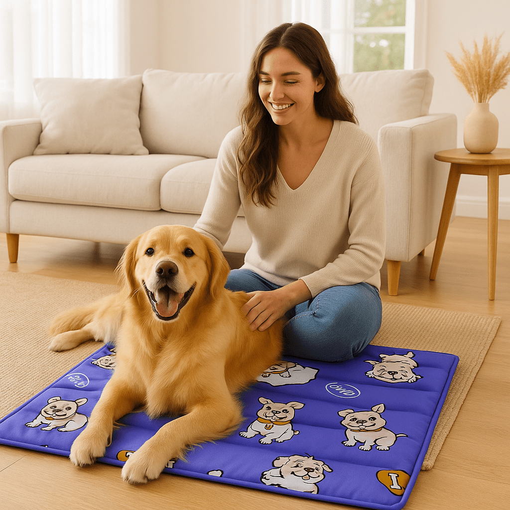 maitresse  chien dans tapis rafraichissant chien en gel salon