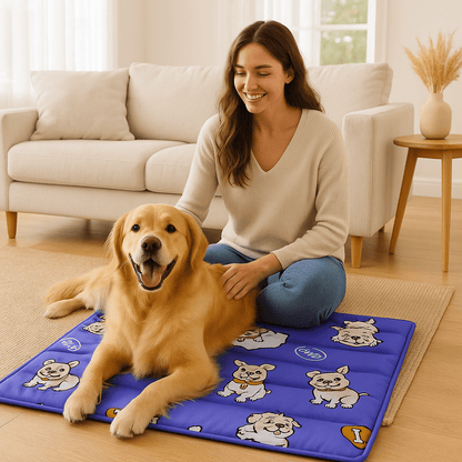 maitresse  chien dans tapis rafraichissant chien en gel salon