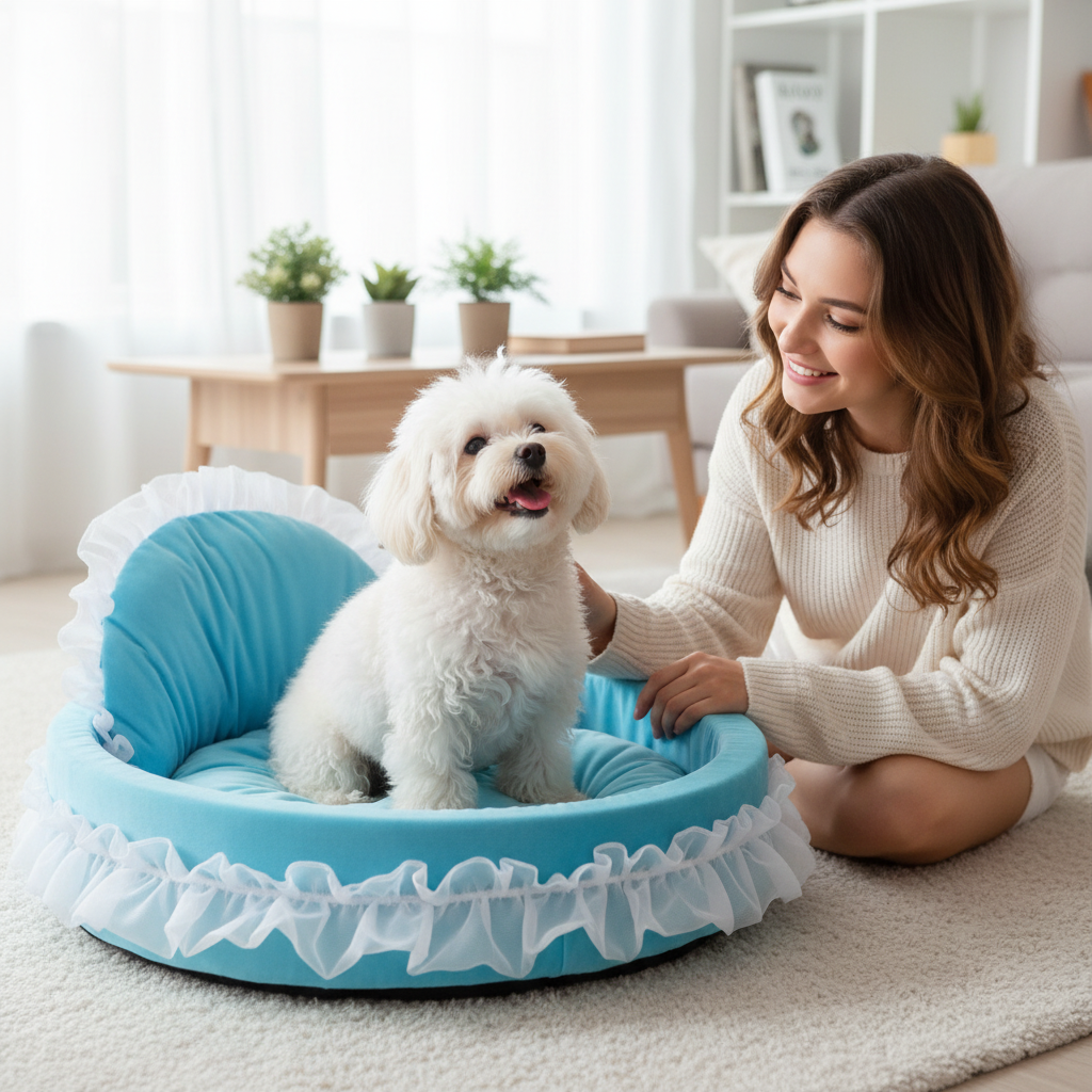 maitresse contente avec son toutou dans lit pour chien