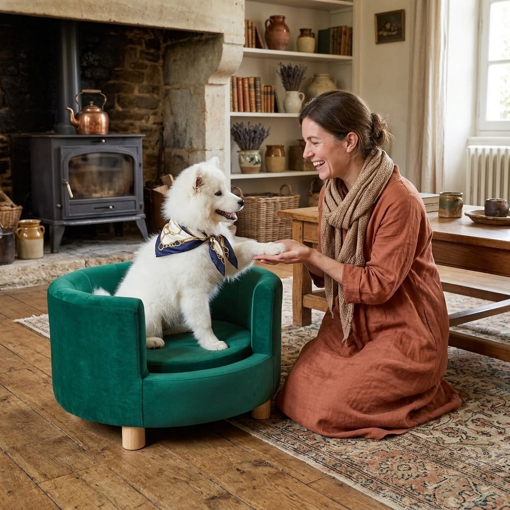 maitresse et son toutou dans canape luxe pour chien