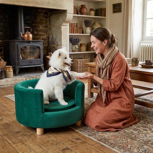 maitresse et son toutou dans canape luxe pour chien