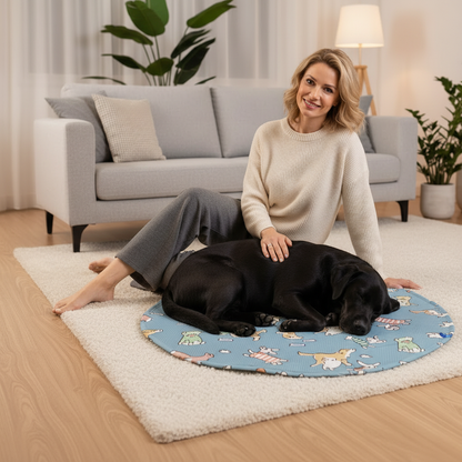 maman caresse son toutou sur tapis rafraichissant chien grand taille