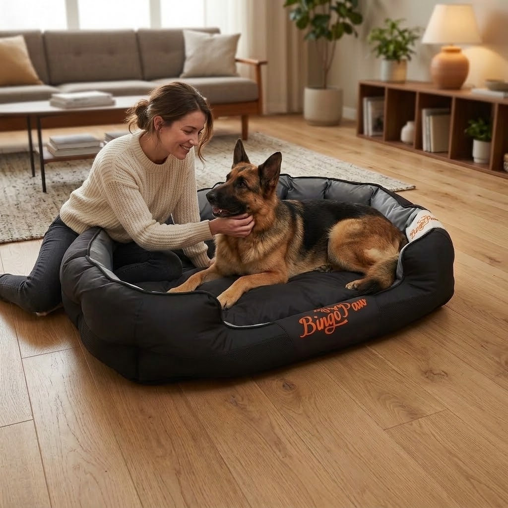 maman joue avec son toutou dans panier chien XXL