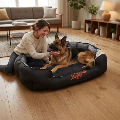 maman joue avec son toutou dans panier chien XXL