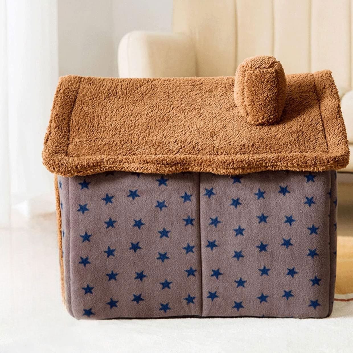 niche chien en peluche avec cheminé 