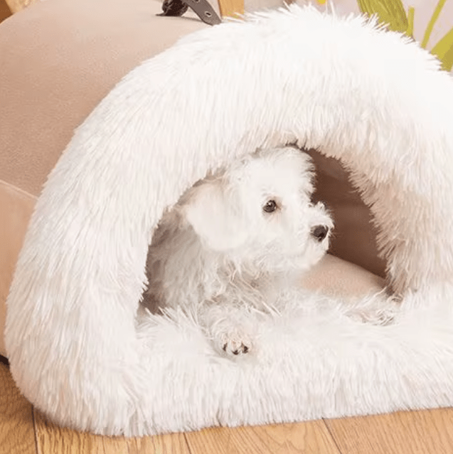 niche intérieur chien en peluche blanche