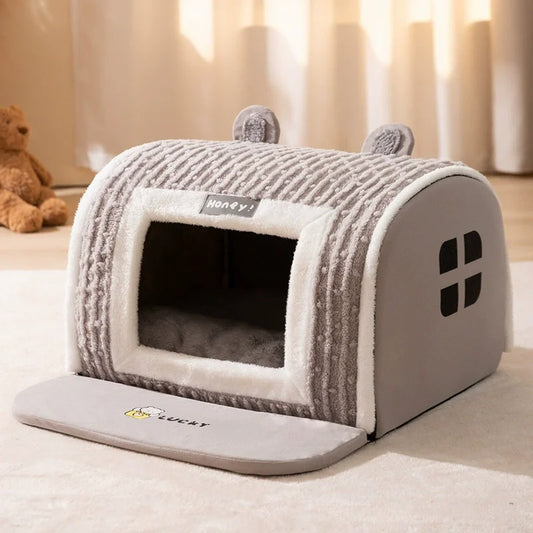 niche pour chien forme buche gris