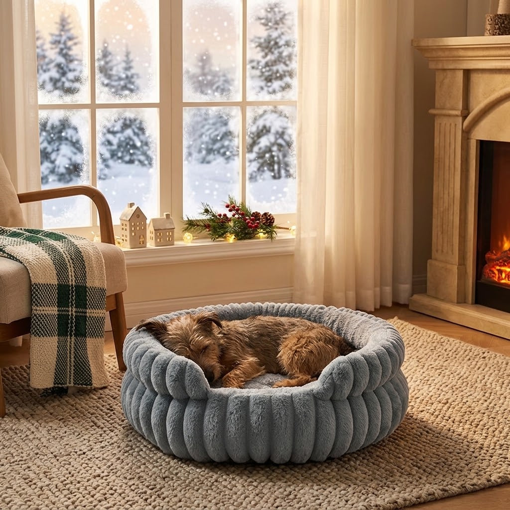 panier orthopédique pour chien dans salon  atmosphère hivernale  
