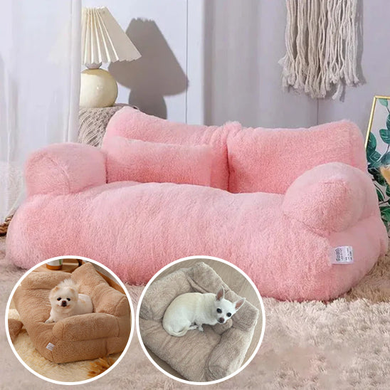 panier pour chien rose en cercle canape gris marron