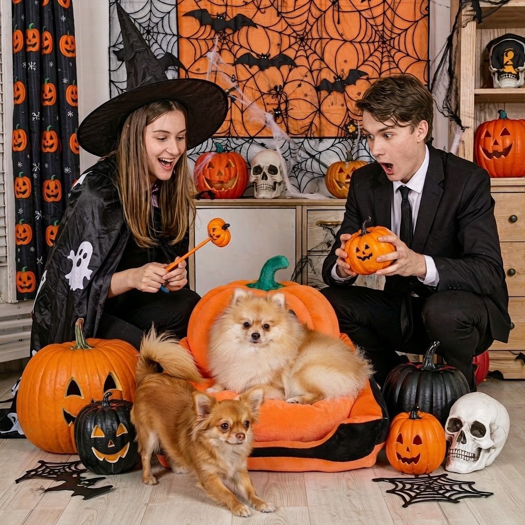 parents toutous dans petit canape pour chien ambiance halloween