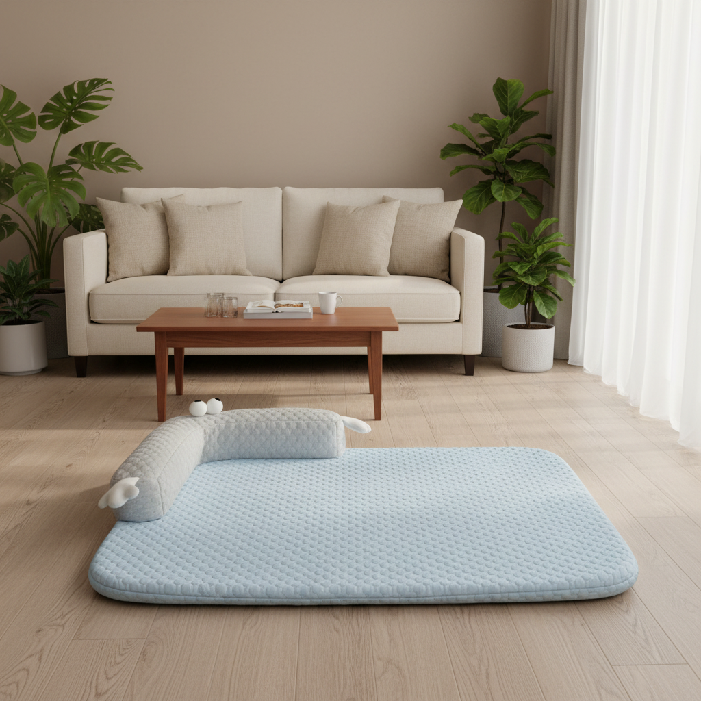tapis orthopédique pour chien avec coussin bleu