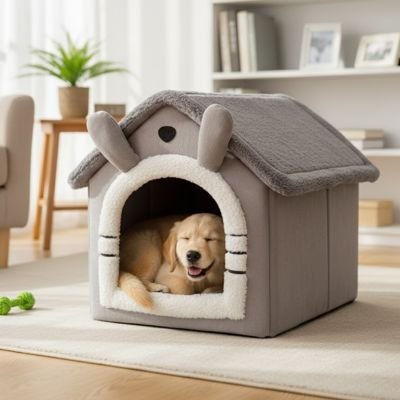 toutou allonger dans  maison pour chien 