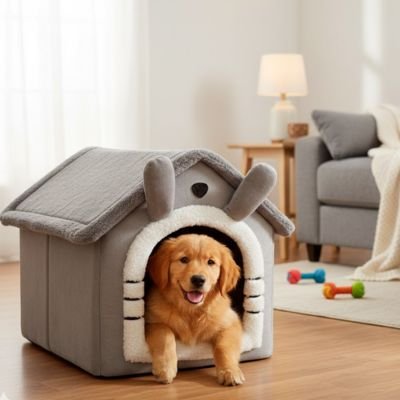 toutou assis dans maison pour chien chaud