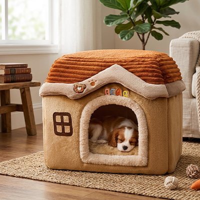 toutou dans cabane confortable d'intérieure pour Chien 