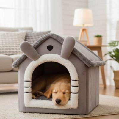 toutou dans maison pour chien lavable 