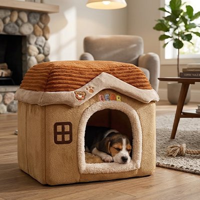 toutou dort dans cabane confortable d'intérieure pour Chien 