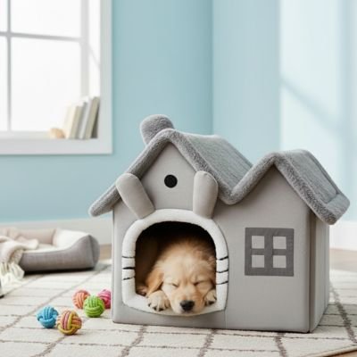 toutou dort dans niche intérieur chien en peluche 