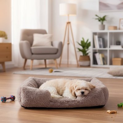 toutou dort dans panier chien marron 