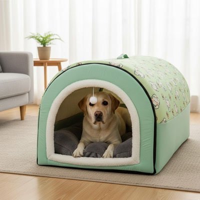 toutou observe depuis sa niche d'intérieur chien vert  