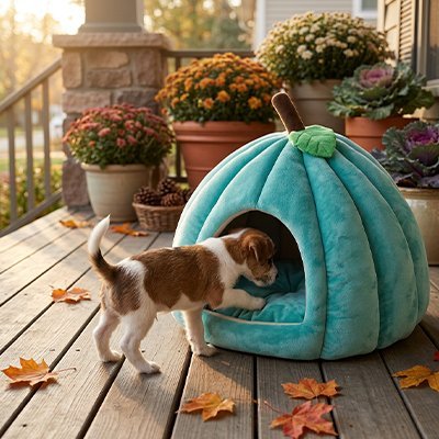 toutou rentre dans niche chien intérieur bleu 