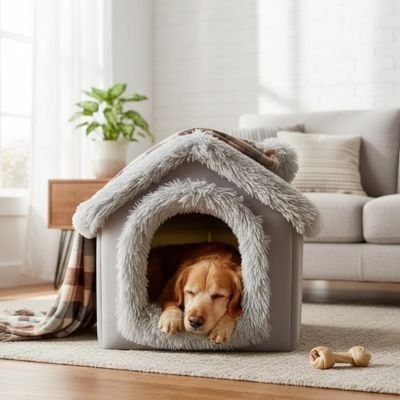 toutou se repose dans niche pour Chien intérieur gris  
