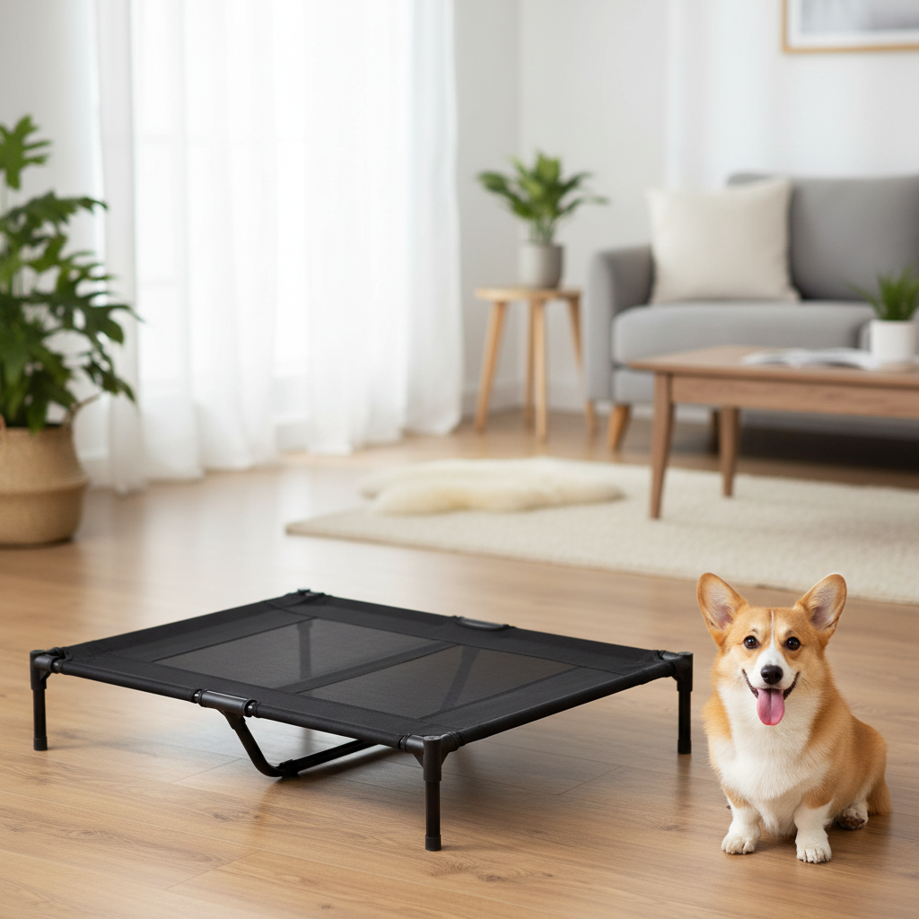 toutou a coté de lit de camp pour chien antidérapant 
