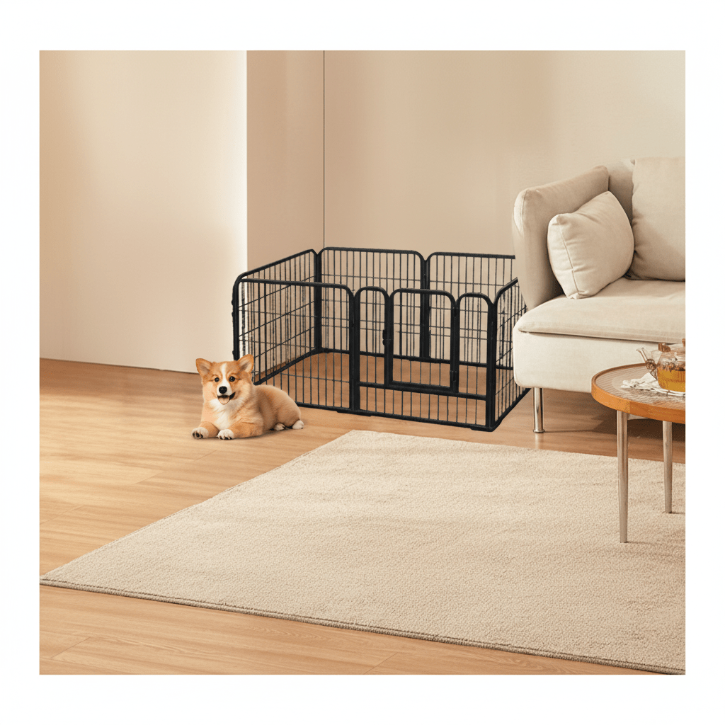 toutou a cote de parc pour chien dans salon