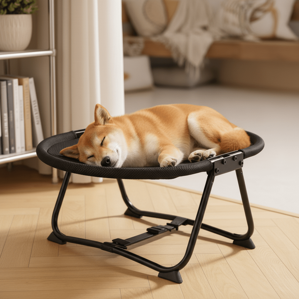 toutou adouci dans lit pour chien surélevé  pliable