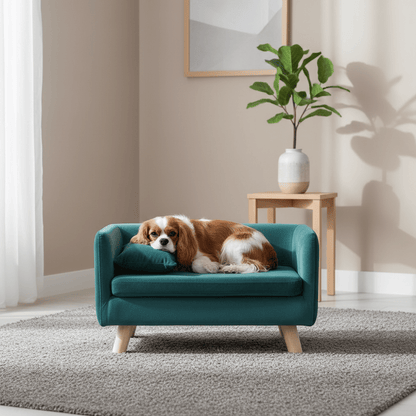 toutou adouci sur canape sur pieds en bois pour grand chien