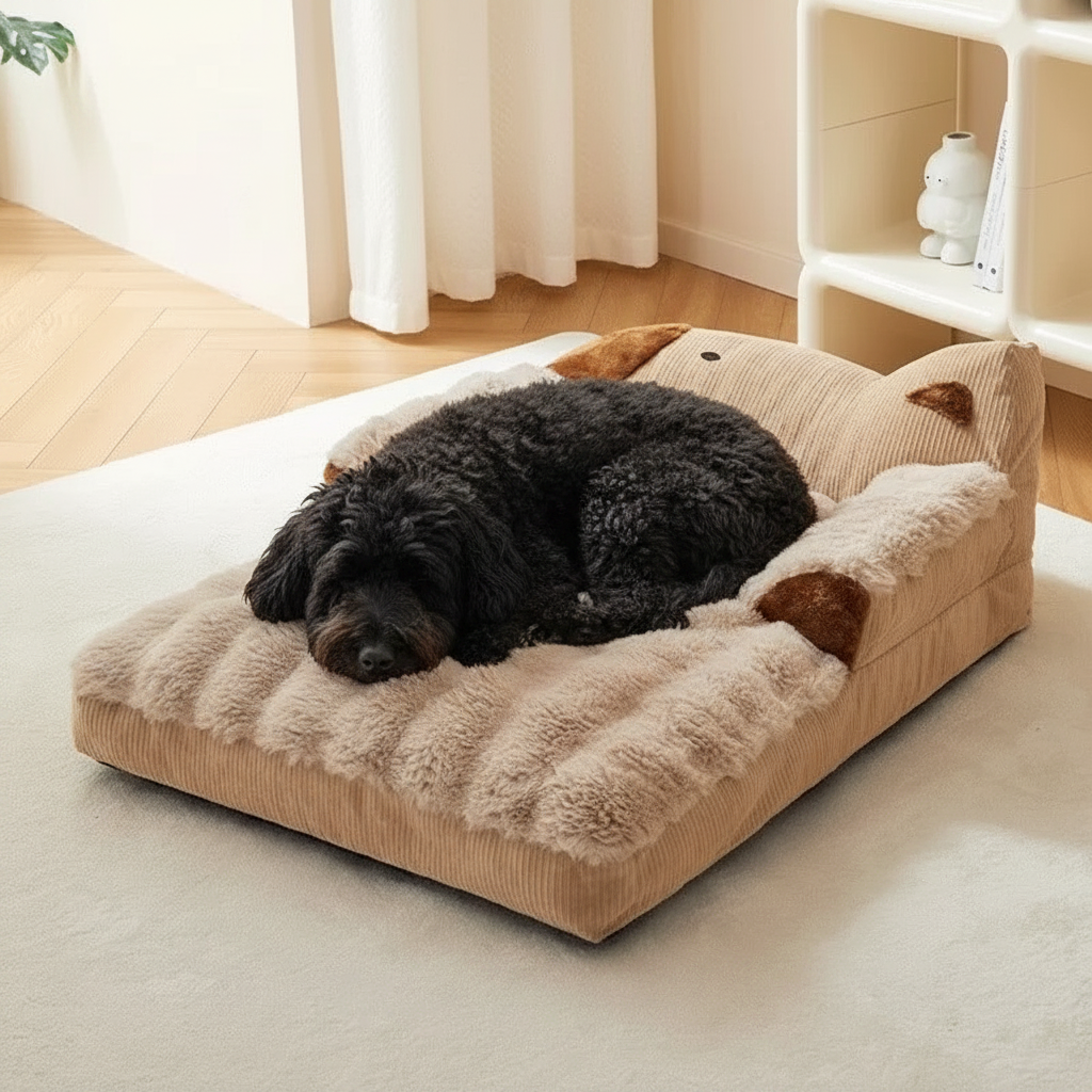 toutou allonger dans canapé pour chien en peluche douce
