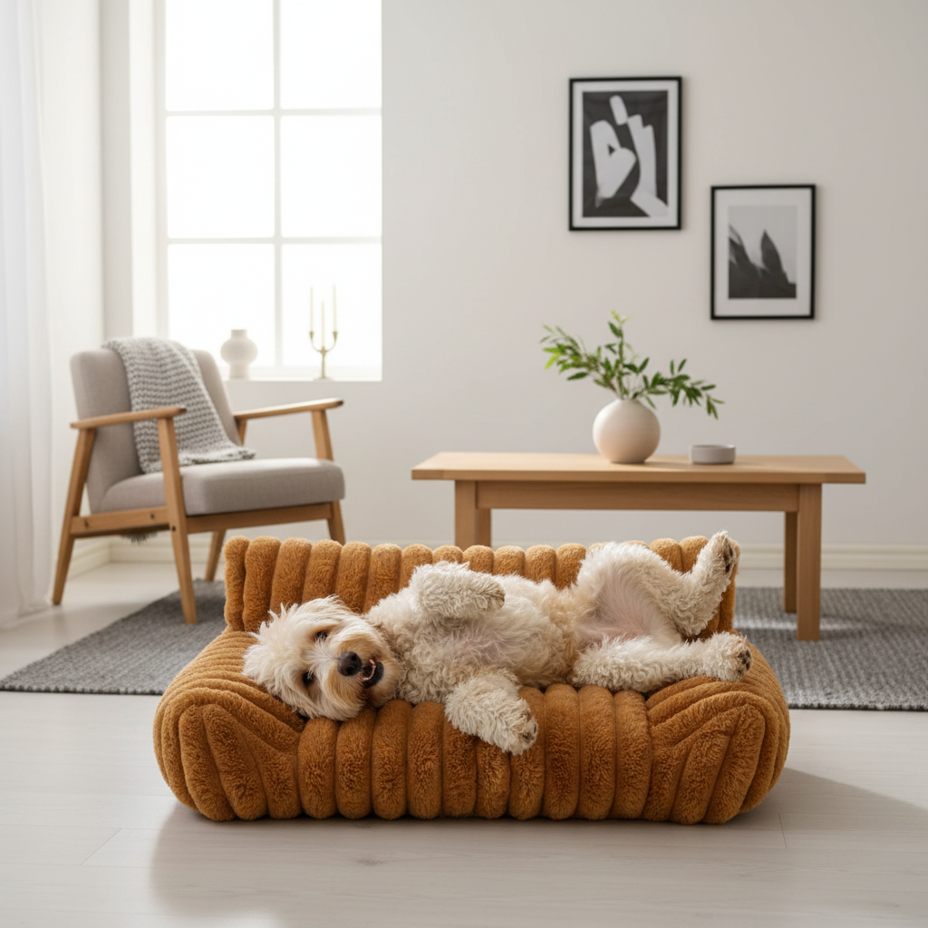 toutou allonger dans canapé pour chien marron 