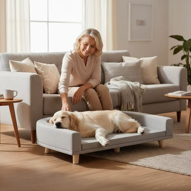 femme heureuse avec son toutou dans canapé lit, chien XXl 