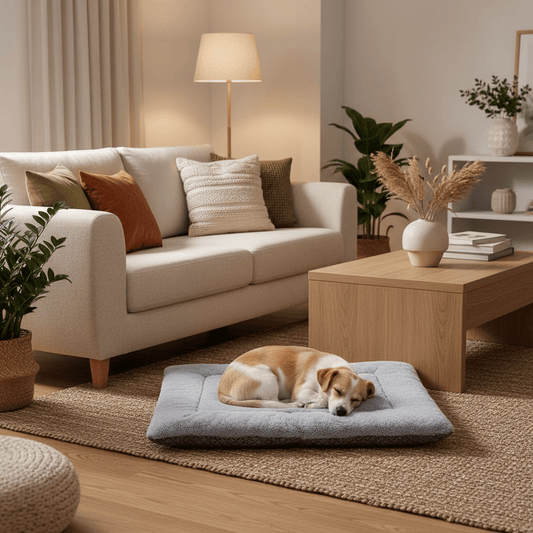 toutou allonger dans grand matelas pour chien dans salon