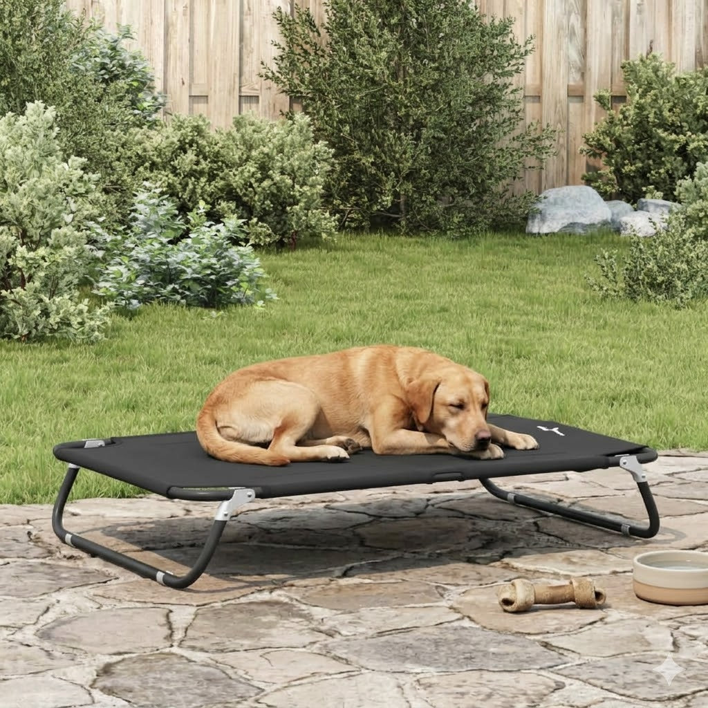 toutou allonger dans lit de camping pour chien pliable