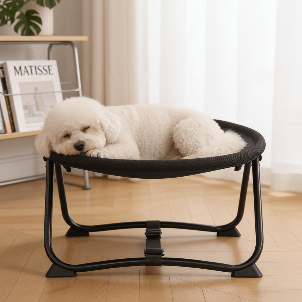 toutou allonger dans lit pour chien surélevé
