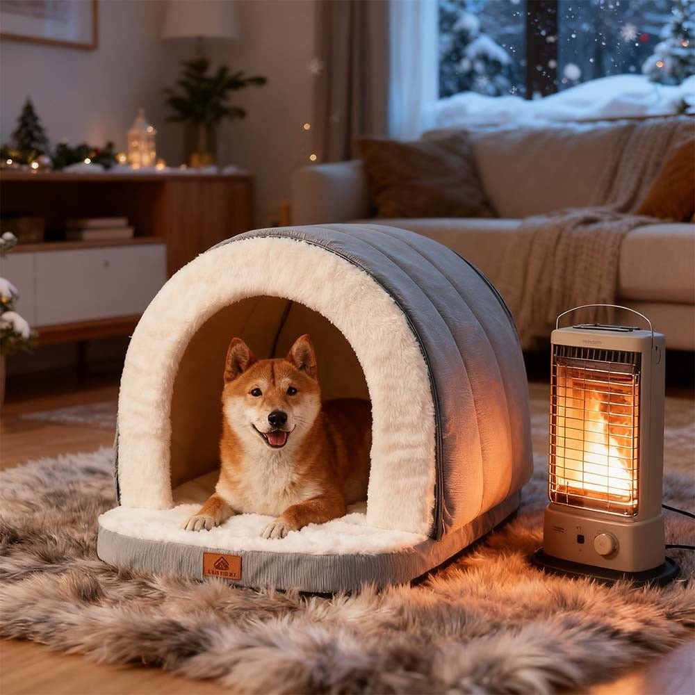 toutou allonger dans niche igloo  pour chien jour d'hiver 
