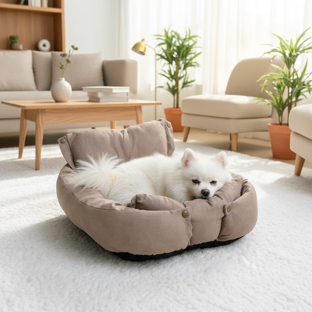 toutou allonger dans panier lavable pour chien 