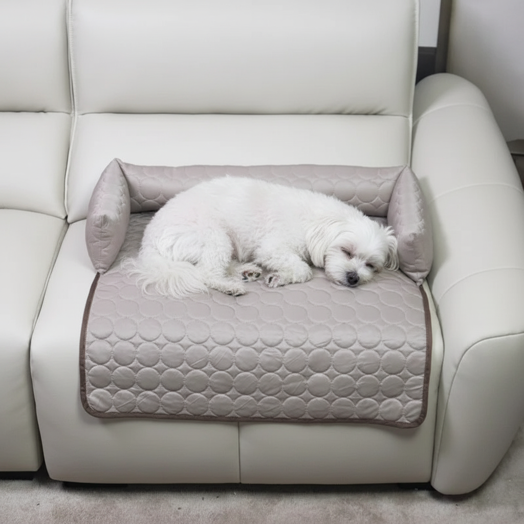 toutou allonger dans tapis rafraichissant chien gris