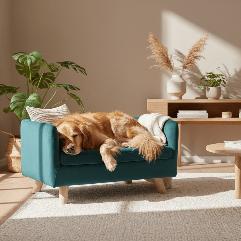 toutou allonger sur canape sur pieds en bois pour grand chien