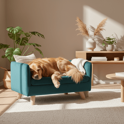 toutou allonger sur canape sur pieds en bois pour grand chien